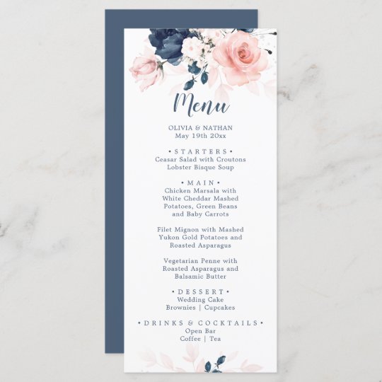 Navy Blue and Blush Pink Floral Wedding Dinner Menu | Zazzle.com