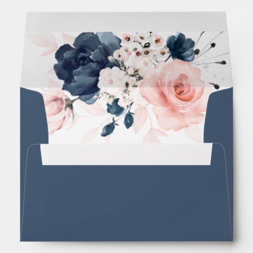 Navy Blue and Blush Pink floral wedding Envelope