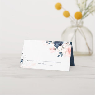 Navy Blue and Blush Pink Floral Wedding Folded Place Card
