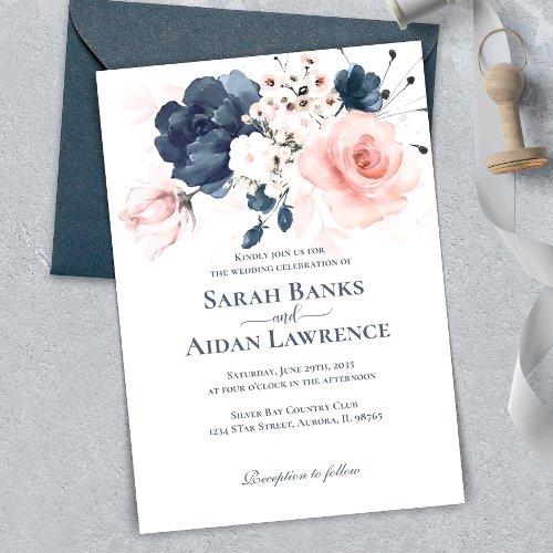 Navy Blue and Blush Pink floral wedding Invitation