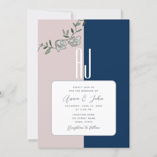 Navy Blue and Blush Pink Floral Wedding Invitation