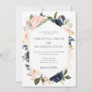 Navy Blue and Blush Pink Floral Wedding Invitation