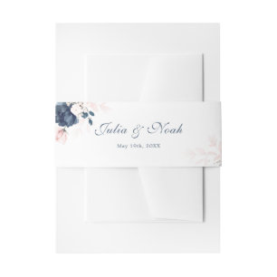 Navy Blue and Blush Pink Floral Wedding Invitation Belly Band