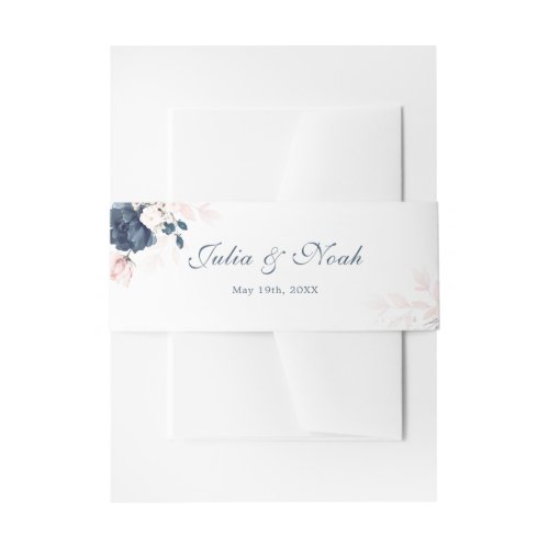 Navy Blue and Blush Pink Floral Wedding Invitation Belly Band