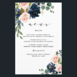 Navy Blue and Blush Pink Floral Wedding Menu Cards<br><div class="desc">Design features beautiful watercolor peony,  rose,  eucalyptus,  greenery,  foliage/leaf elements in shades of green,  gold,  blush pink/pink peach,  and navy blue. This template also features a modern typography layout. View the collection on this page to find matching items in this design.</div>