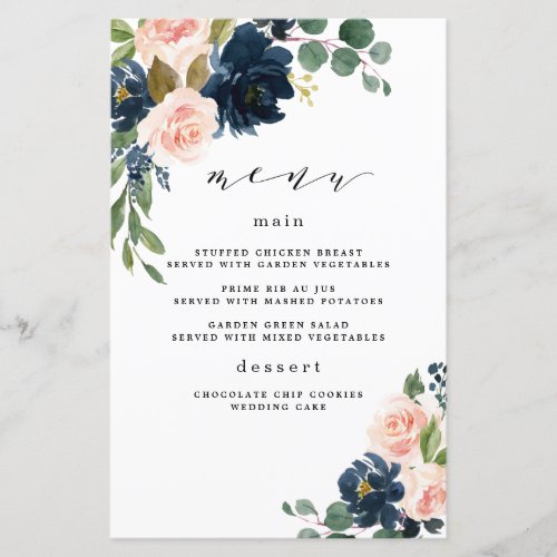 Navy Blue and Blush Pink Floral Wedding Menu Cards
