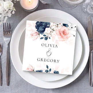 Navy Blue and Blush Pink Floral Wedding  Napkins