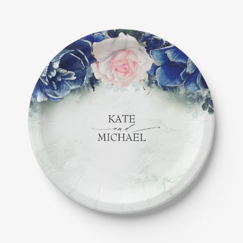 Navy Blue and Blush Pink Floral Wedding Paper Plates