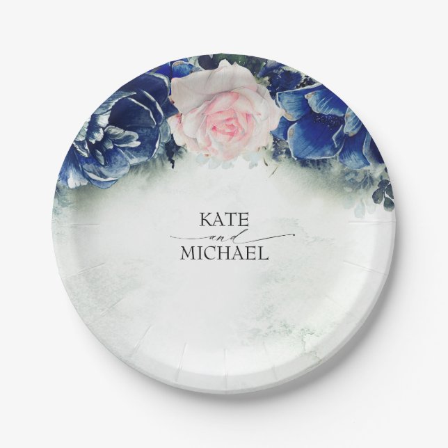 Navy Blue and Blush Pink Floral Wedding Paper Plates (Front)