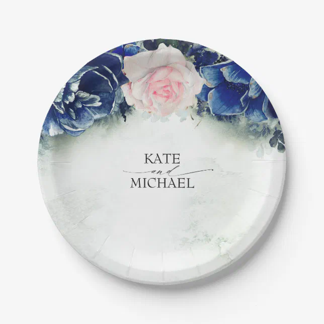 Navy Blue and Blush Pink Floral Wedding Paper Plates | Zazzle