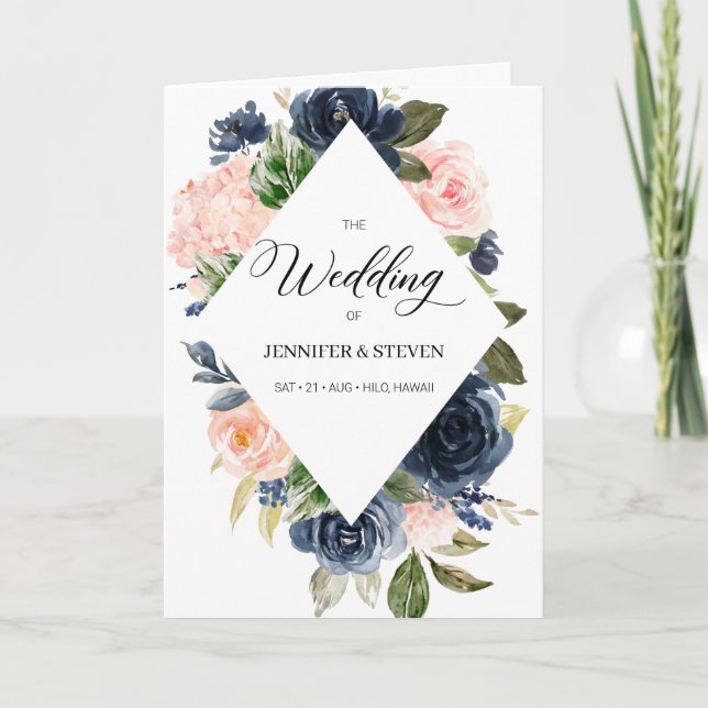 Navy Blue and Blush Pink Floral Wedding Program (Front)