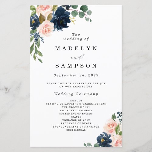Navy Blue and Blush Pink Floral Wedding Programs