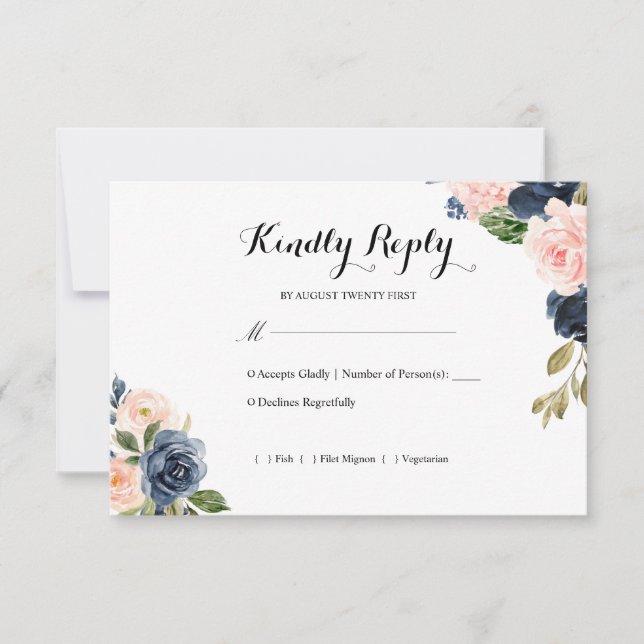 Navy Blue and Blush Pink Floral Wedding RSVP Card (Front)