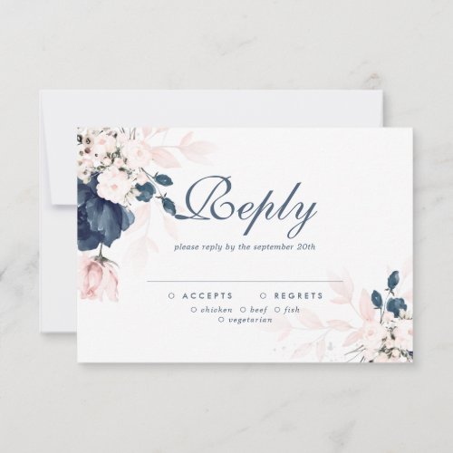 Navy Blue and Blush Pink Floral Wedding RSVP card