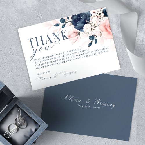 Navy Blue and Blush Pink Floral Wedding Thank you  RSVP Card