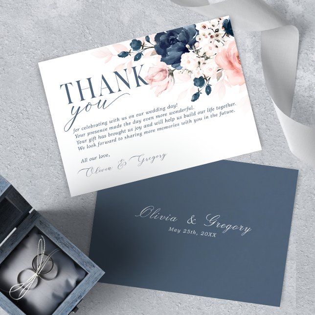 Navy Blue and Blush Pink Floral Wedding Thank you  RSVP Card (Creator Uploaded)