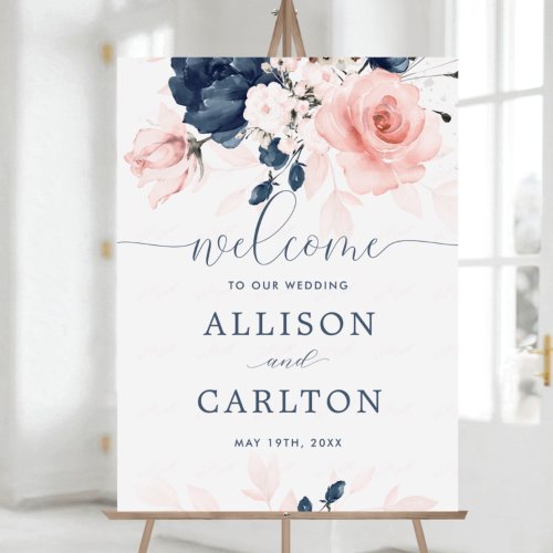 Navy Blue and Blush Pink floral Wedding Welcome Foam Board