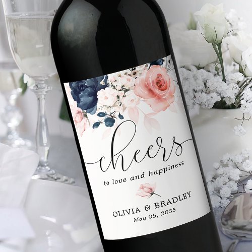 Navy blue and blush pink floral wedding wine label