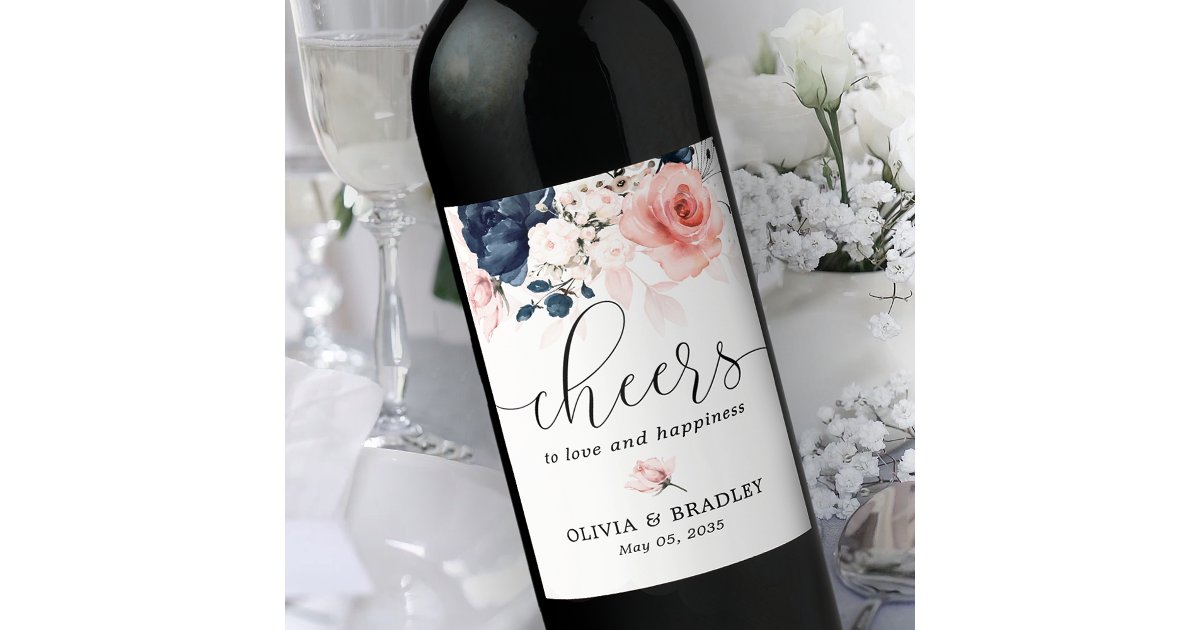 Navy blue and blush pink floral wedding wine label | Zazzle