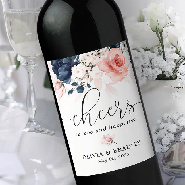 Navy blue and blush pink floral wedding wine label | Zazzle