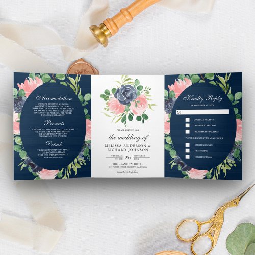 Navy Blue and Blush Pink Floral Wood Wedding Tri_Fold Invitation