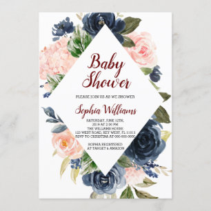Navy Blue and Blush Pink Flowers Baby Shower Invitation