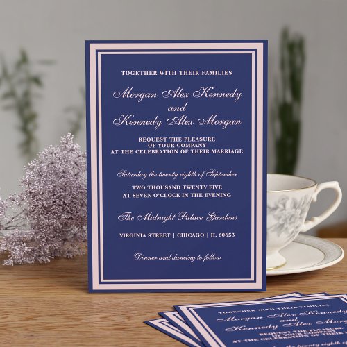 Navy Blue and Blush Pink Frame Classic Wedding Invitation