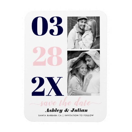 Navy blue and blush pink two photo Save the Date Magnet