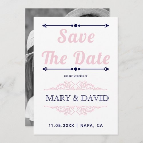 Navy blue and blush pink typography Save the Date