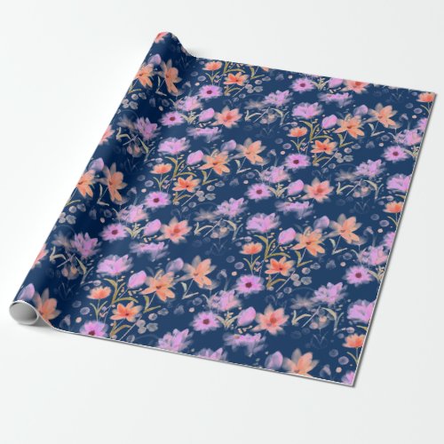 Navy Blue  and Blush Pink Vintage Floral Pattern Wrapping Paper