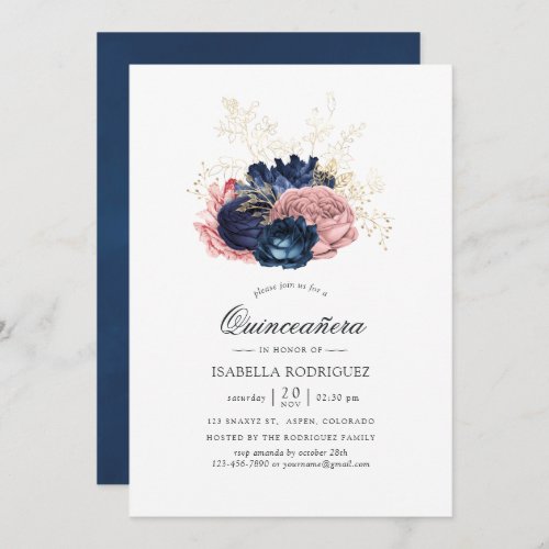Navy Blue and Blush Pink Vintage Roses Quinceaera Invitation