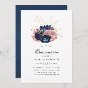 Navy Blue and Blush Pink Vintage Roses Quinceañera Invitation