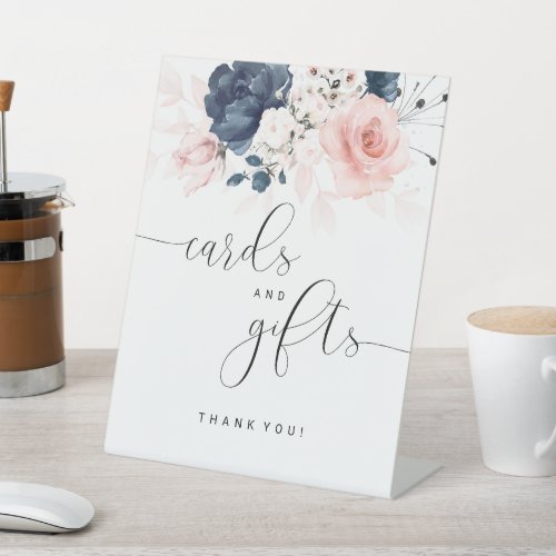 Navy Blue and Blush Pink Wedding Cards and Gifts Pedestal Sign