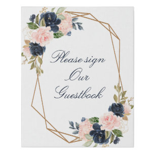 navy blue and blush pink wedding guestbook sign