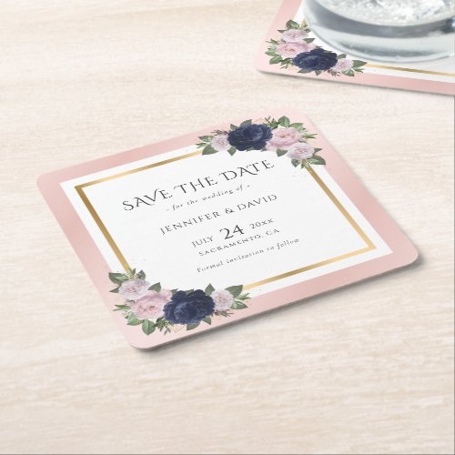 Navy Blue and Blush Pink Wedding Save The Date Square Paper Coaster
