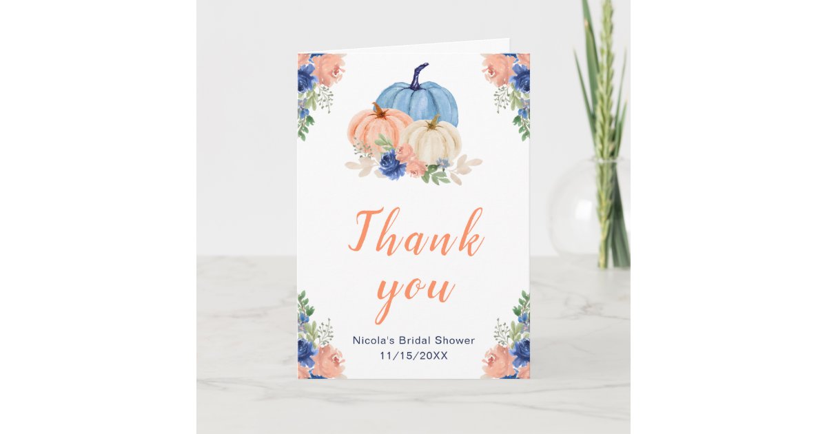 Navy Blue and Blush Pumpkins Bridal Shower Thank You Card | Zazzle