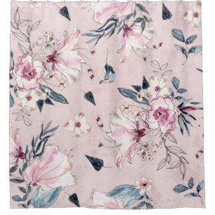 Navy Blue and Blush Watercolor Flowers Shower Curtain