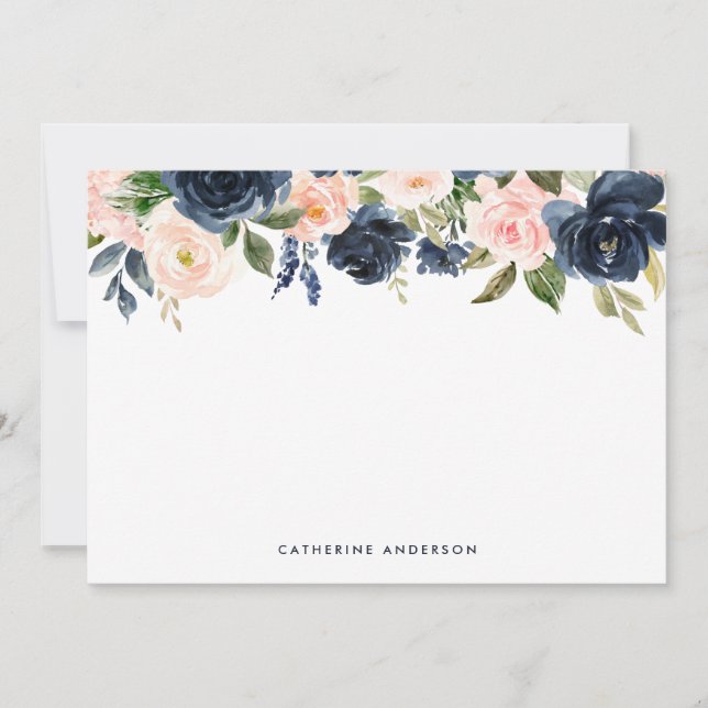 Navy Blue and Blush Watercolor Flowers Stationery Note Card (Front)