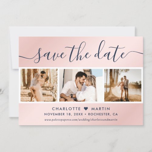 Navy Blue and Blush Wedding Photo Collage Save The Date