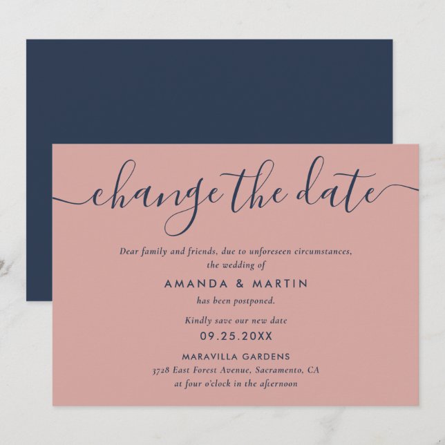 Navy Blue and Blush Wedding Postponement Announcement (Front/Back)