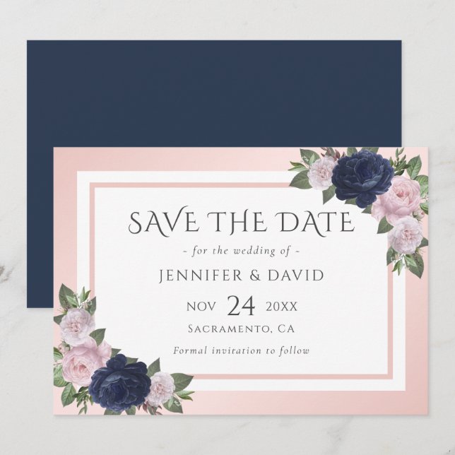 Navy Blue and Blush Wedding Save The Date (Front/Back)