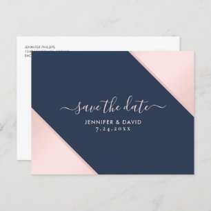 Navy Blue and Blush Wedding Save The Date Announcement Postcard