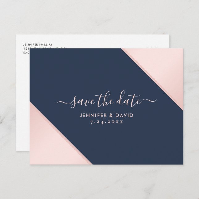 Navy Blue and Blush Wedding Save The Date Announcement Postcard (Front/Back)