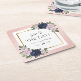 Navy Blue and Blush Wedding Save The Date Square Paper Coaster