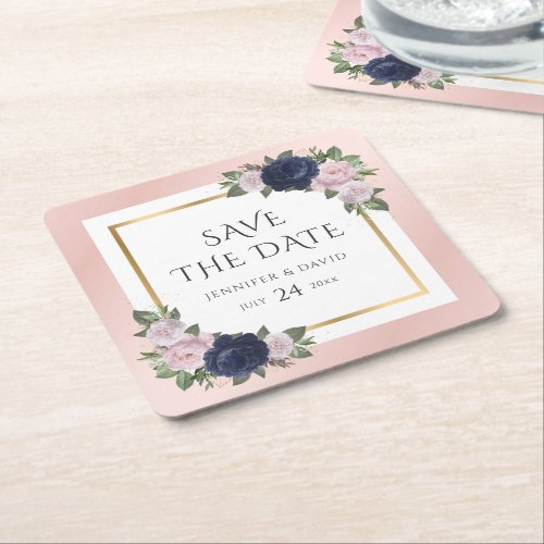 Navy Blue and Blush Wedding Save The Date Square Paper Coaster