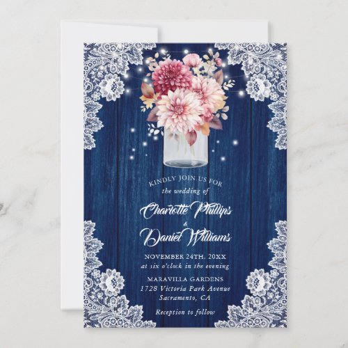 Navy Blue and Blush Wood Mason Jar Floral Wedding Invitation