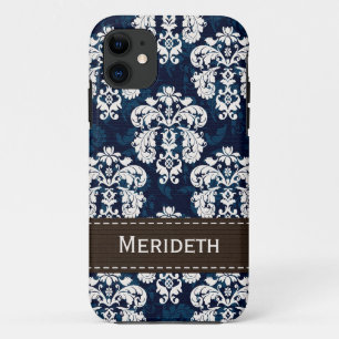 Navy Blue and Brown Damask iPhone 11 Case