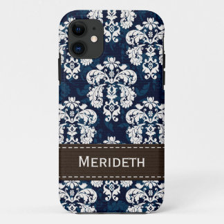 Navy Blue and Brown Damask iPhone 11 Case