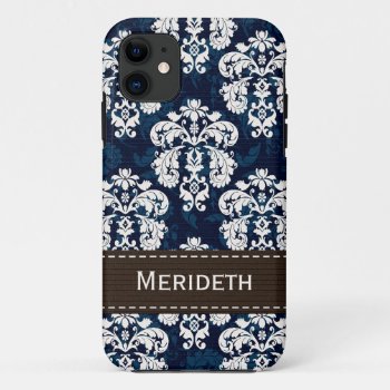Navy Blue And Brown Damask Iphone 11 Case by cutecases at Zazzle