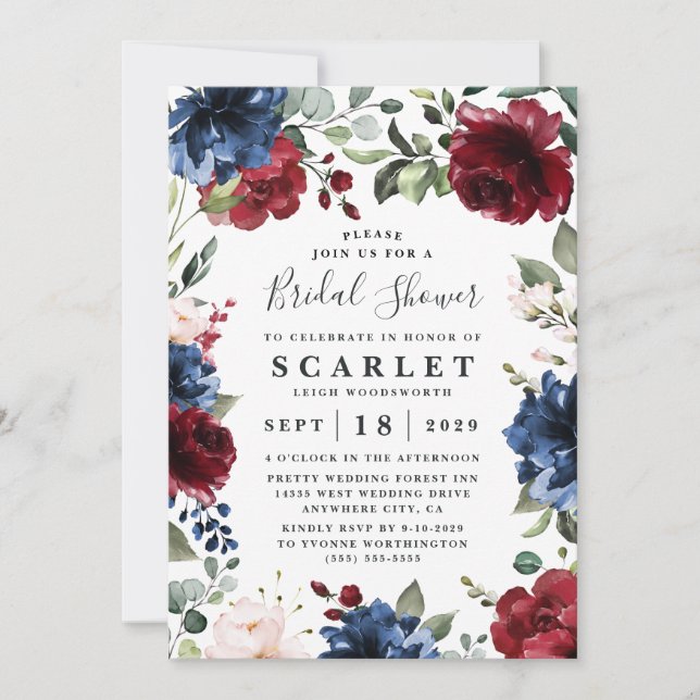 Navy Blue and Burgundy Blush Pink Bridal Shower Invitation (Front)